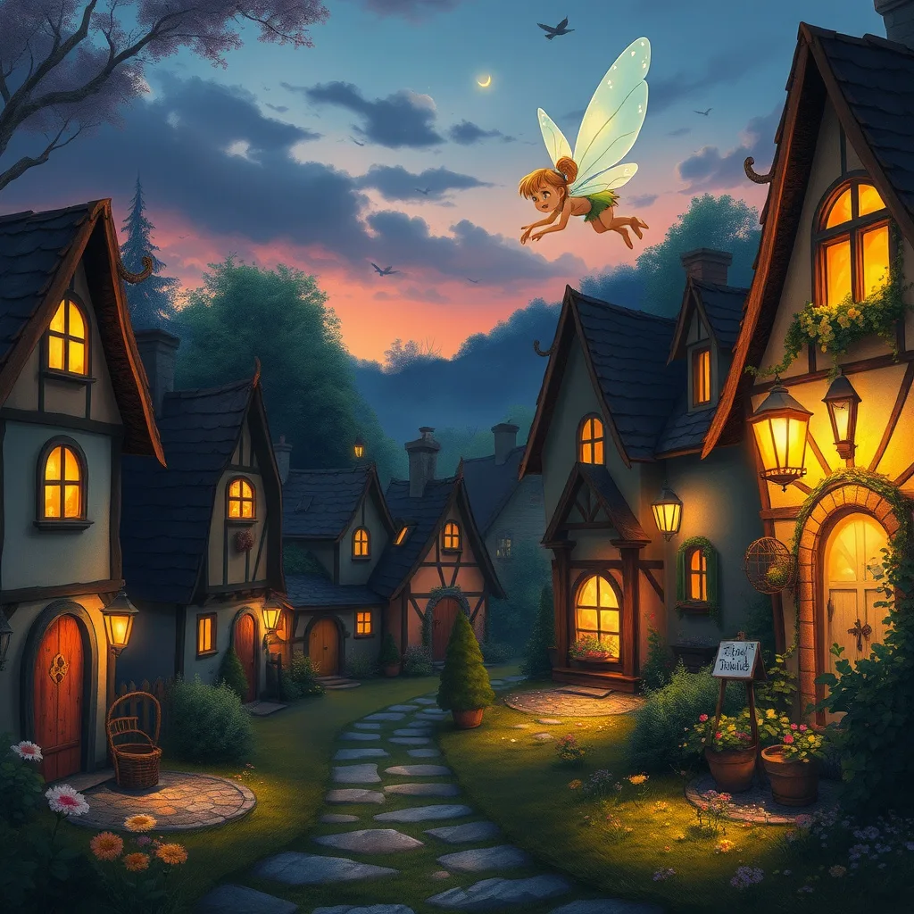 A playful fairy causes delightful chaos in a quaint village during twilight, filled with laughter and magic.