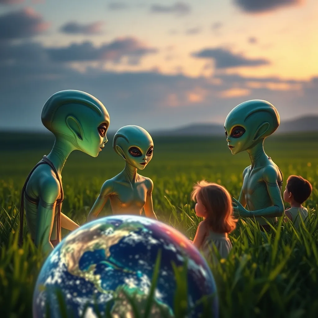A serene moment of peaceful aliens and humans exchanging cultures in a beautiful twilight setting.