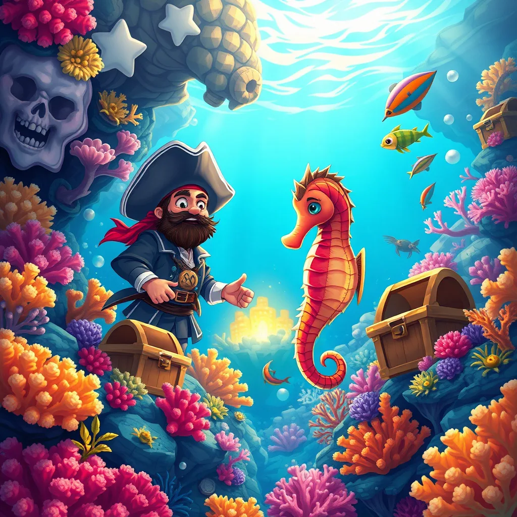 Иллюстрация пиратов и морского конька, исследующих коралловый риф. Атмосфера приключения и дружбы.