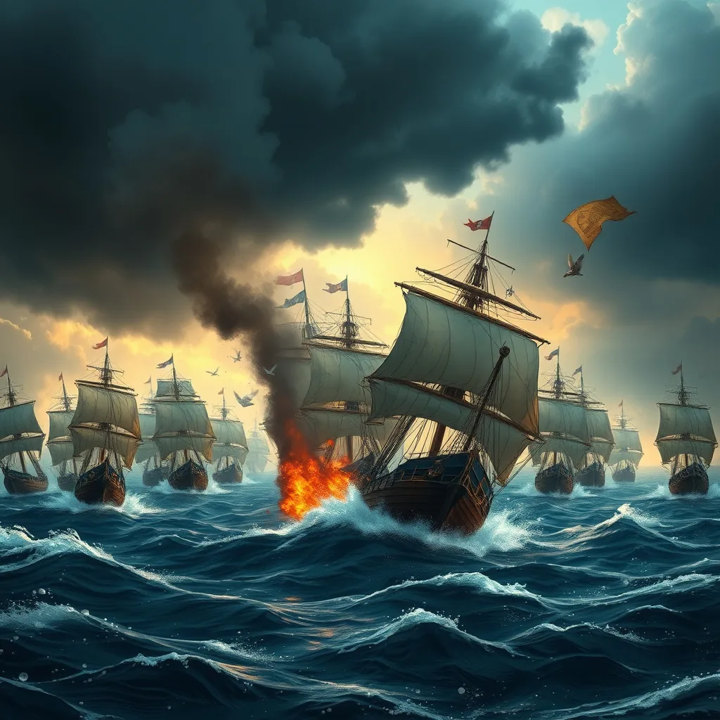A dramatic scene of pirate ships engaged in a fierce battle over a treasure map on a stormy sea.