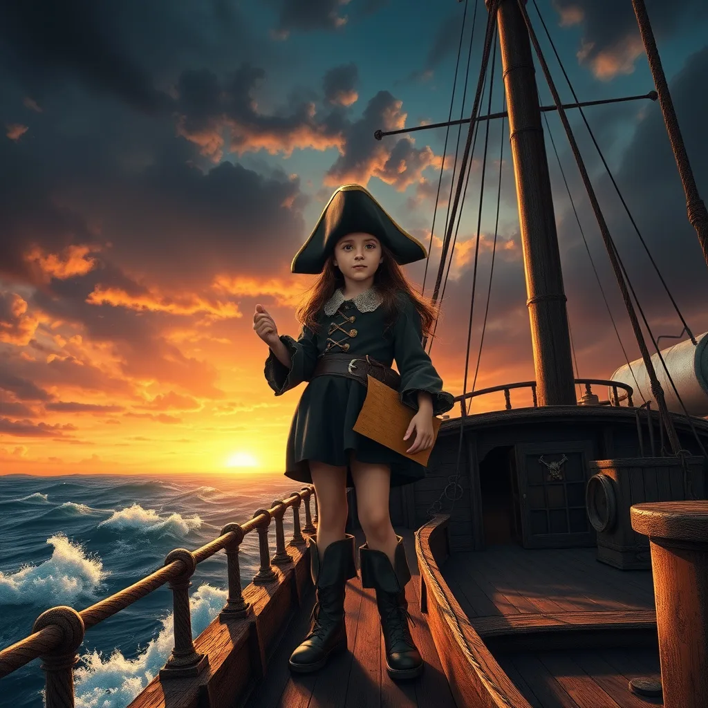 A young girl in pirate attire standing on a ship deck, holding a treasure map with a hopeful look, against a vibrant sunset.