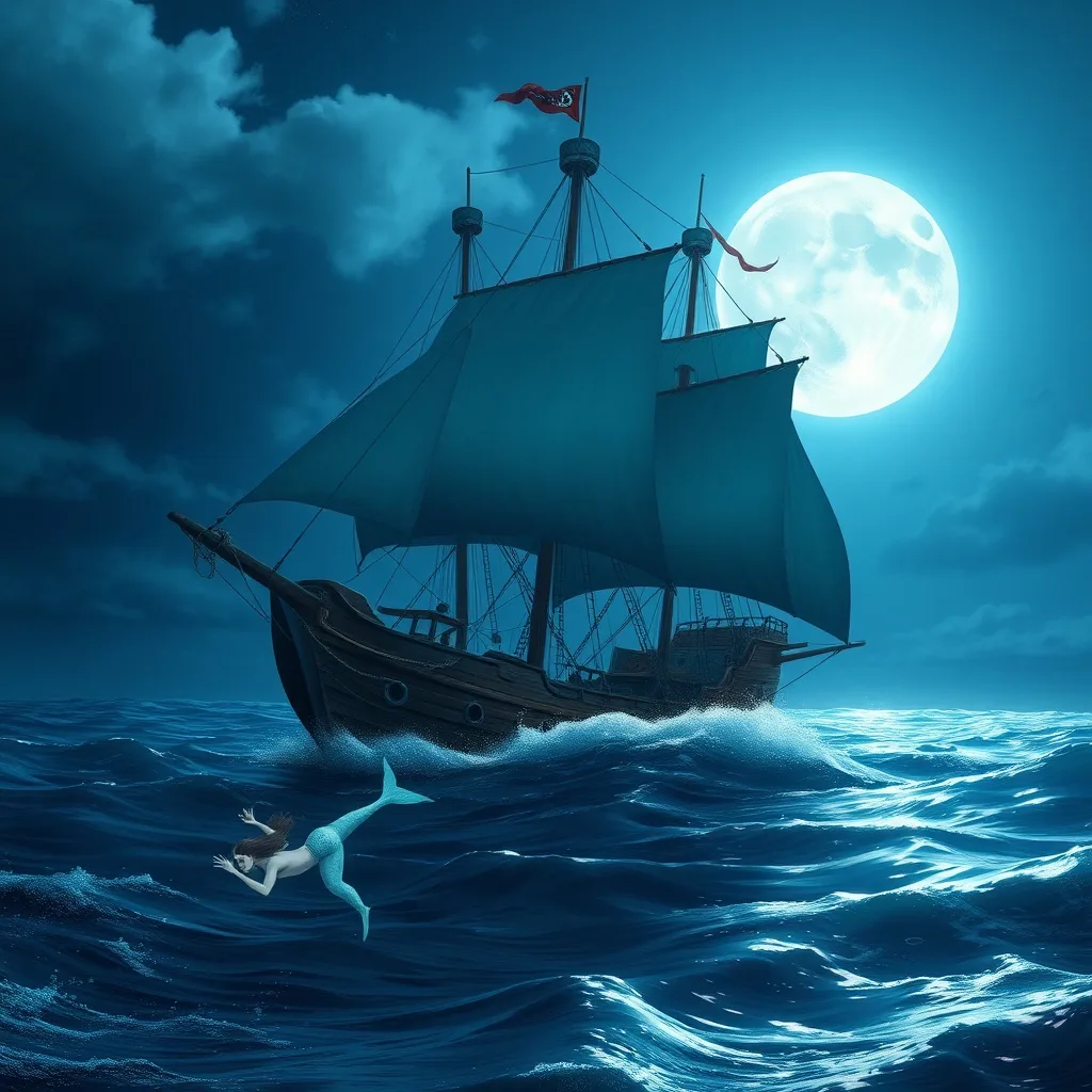 A pirate ship navigating through moonlit waters with a mystical mermaid alongside, capturing a magical adventure mood.