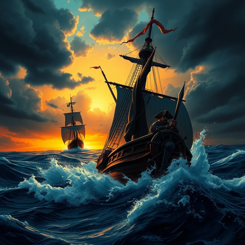 A fierce pirate ship battles stormy seas, with a determined captain at the helm, seeking revenge against a rival crew.