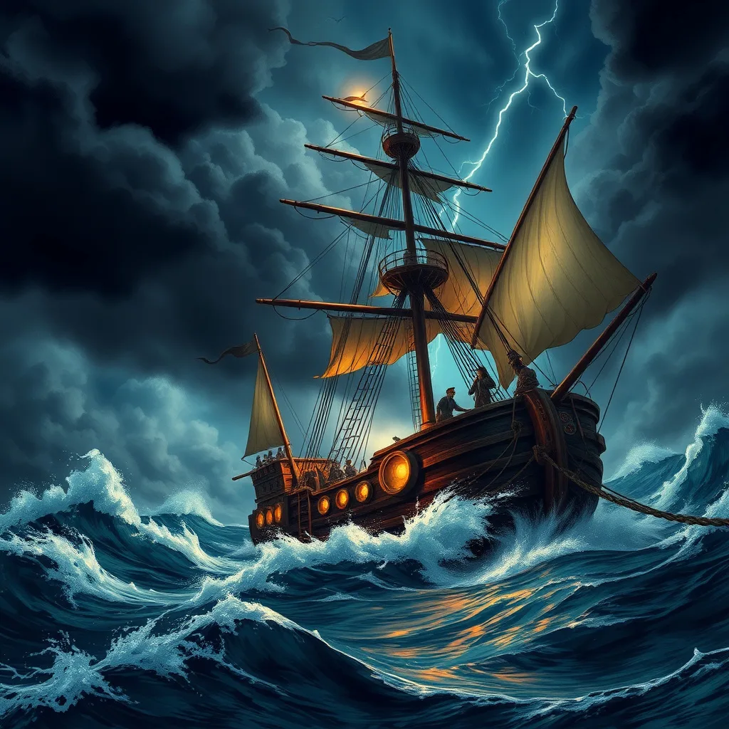 A pirate ship struggles against a violent storm at sea, showcasing teamwork and resilience.
