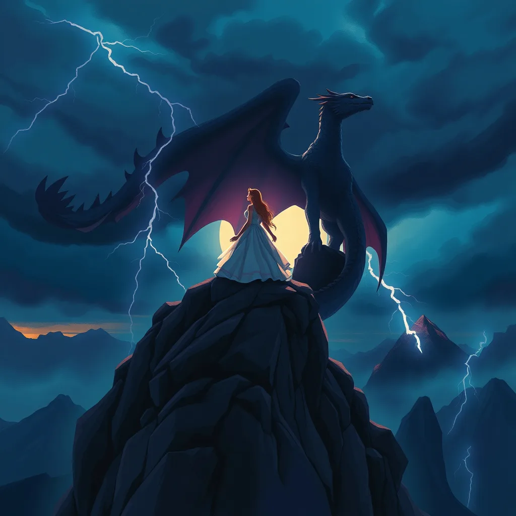 A dramatic scene of a princess and a dragon standing against a stormy sky, symbolizing courage and friendship.