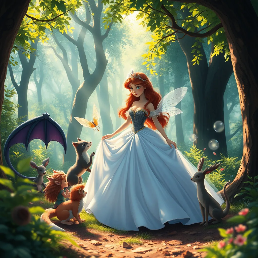 A princess in a magical forest, engaging with mystical creatures, symbolizing friendship and adventure.