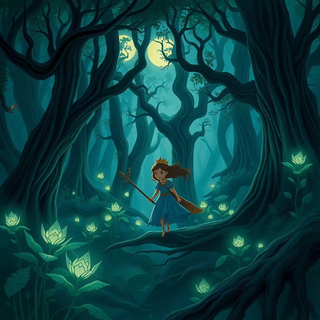 A brave princess journeys through a dark forest filled with mystery and magic, illuminated by moonlight.