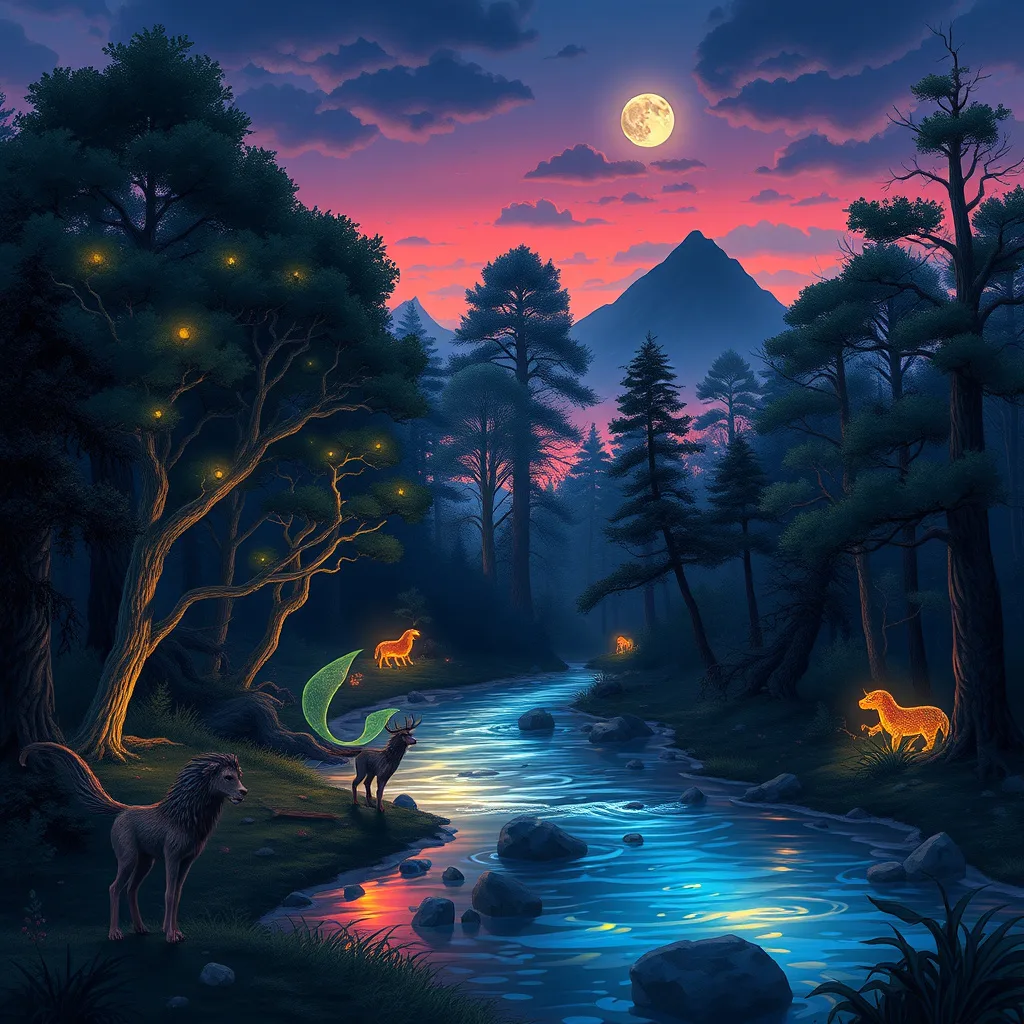 An enchanting view of a hidden magical forest filled with glowing trees and mystical creatures, capturing the essence of discovery.