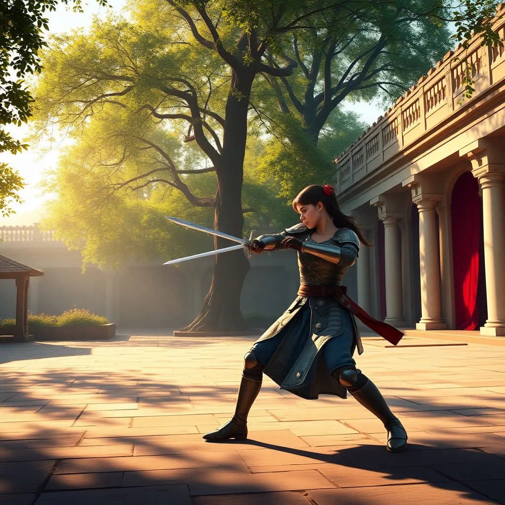 A hopeful princess training in armor at dawn, embodying dreams of becoming a knight.