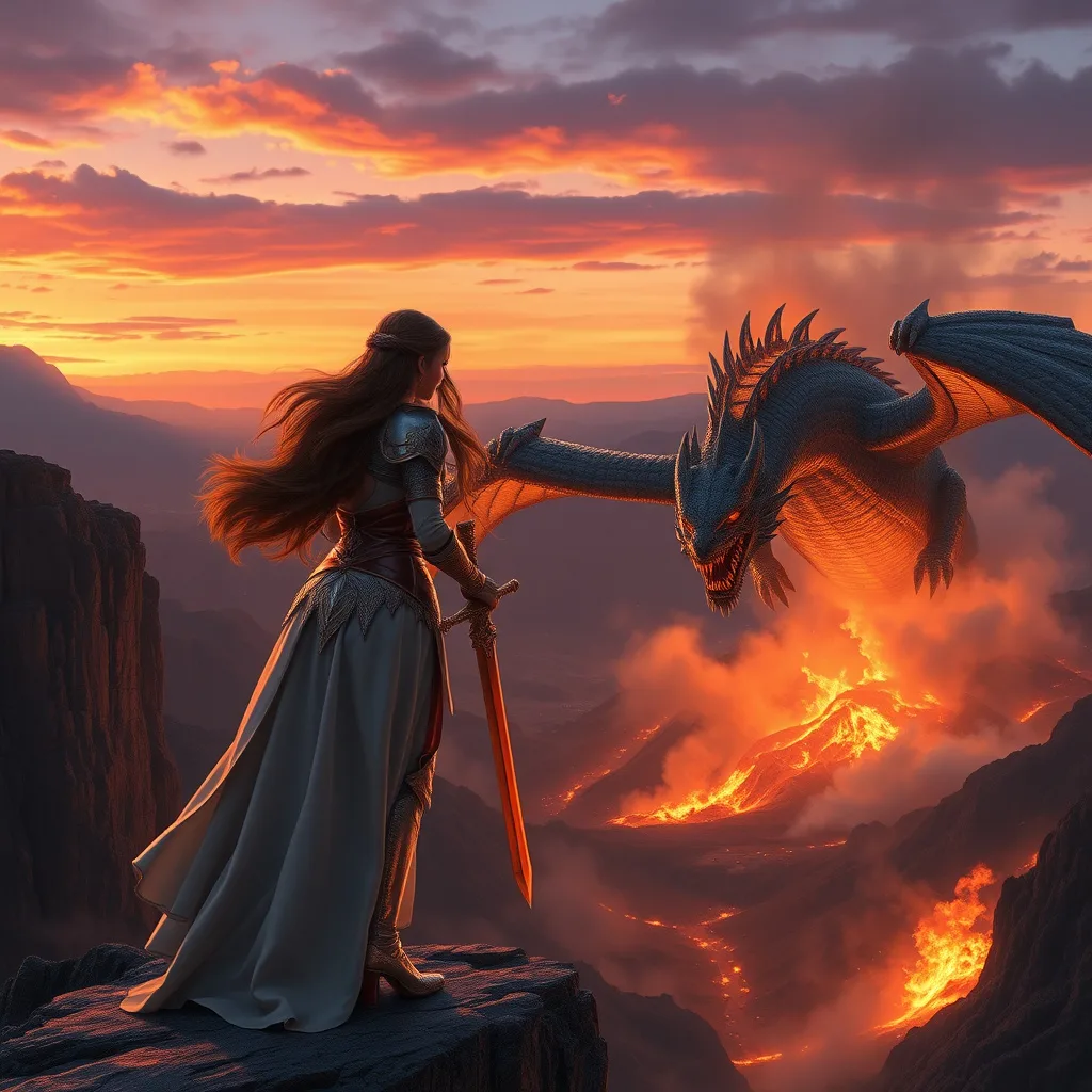 A courageous princess ready to confront a fierce dragon, with a dramatic twilight backdrop.
