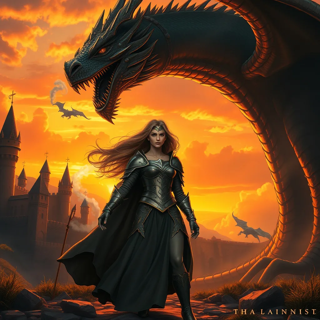 A courageous princess facing a dragon at sunset, depicting bravery and determination in a vivid fantasy landscape.