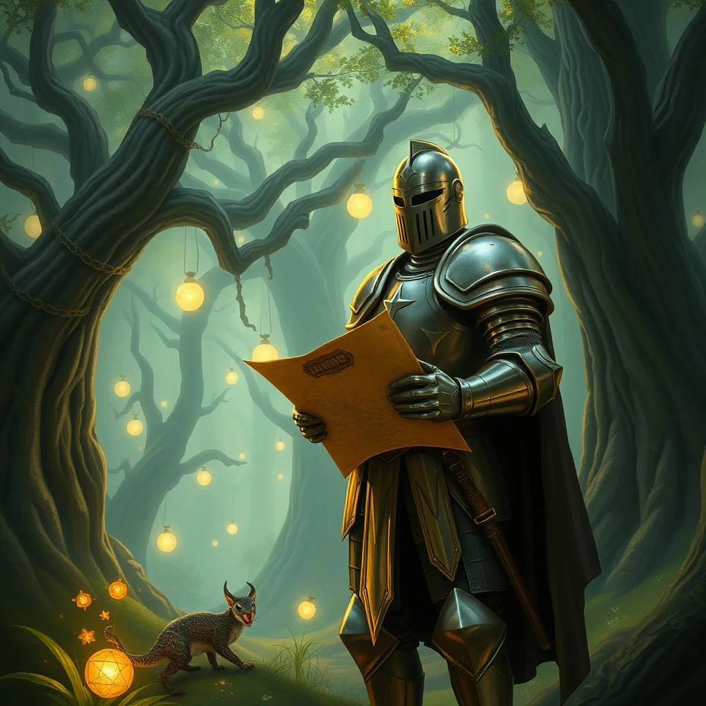 A knight in a mystical forest, determined and surrounded by magical creatures, seeking a legendary sword.