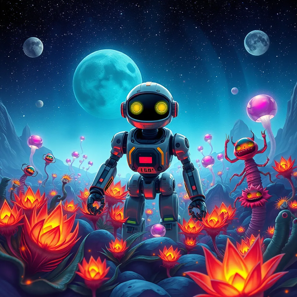 A curious robot amidst vibrant alien flora and unique creatures, evoking wonder and exploration.