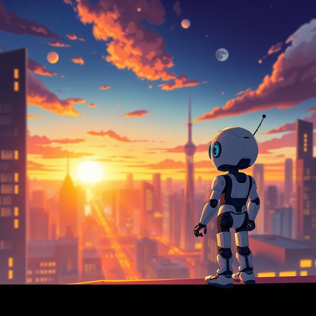 A curious robot gazes at a vibrant futuristic city at sunset, symbolizing its discovery of emotions.