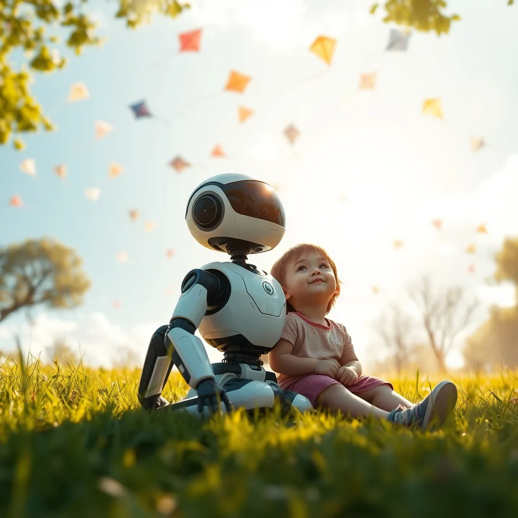 A heartwarming moment of a robot and child bonding under a bright sky, capturing the essence of friendship and discovery.