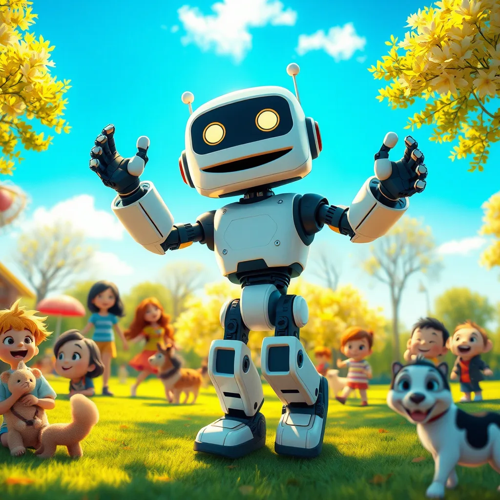 A cheerful robot dances in a vibrant park with children and animals, capturing the joy of friendship and movement.