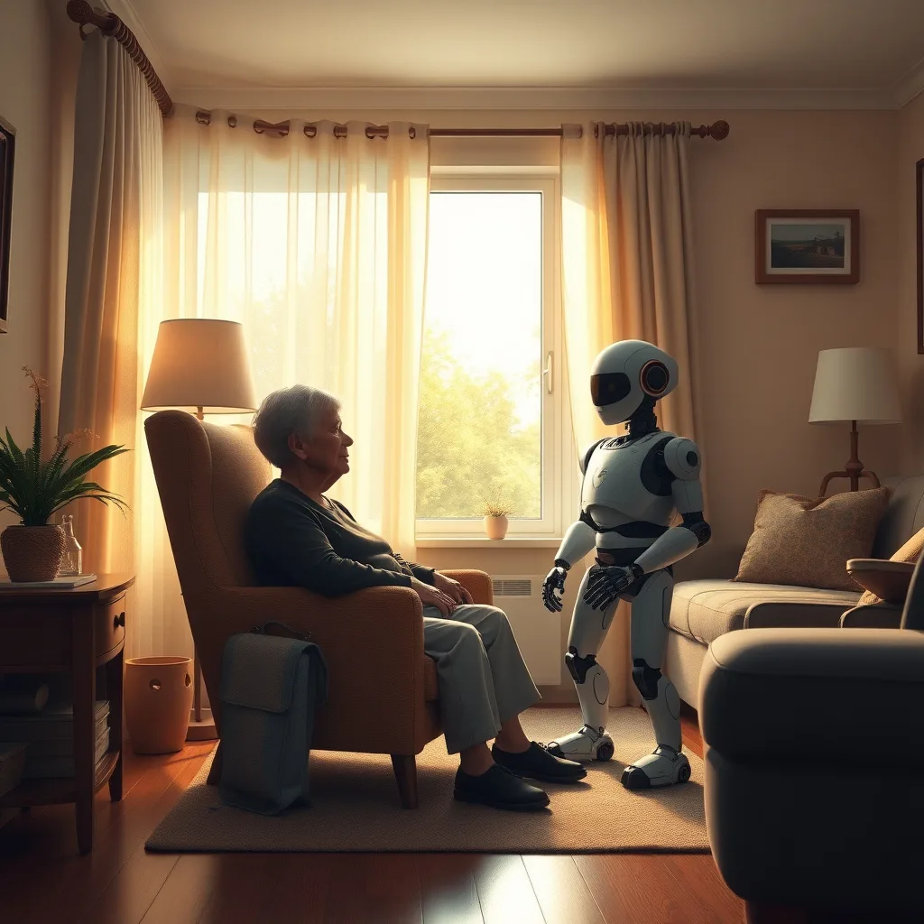 An elderly person and a robot companion share a quiet moment in a cozy room, evoking feelings of warmth and companionship.