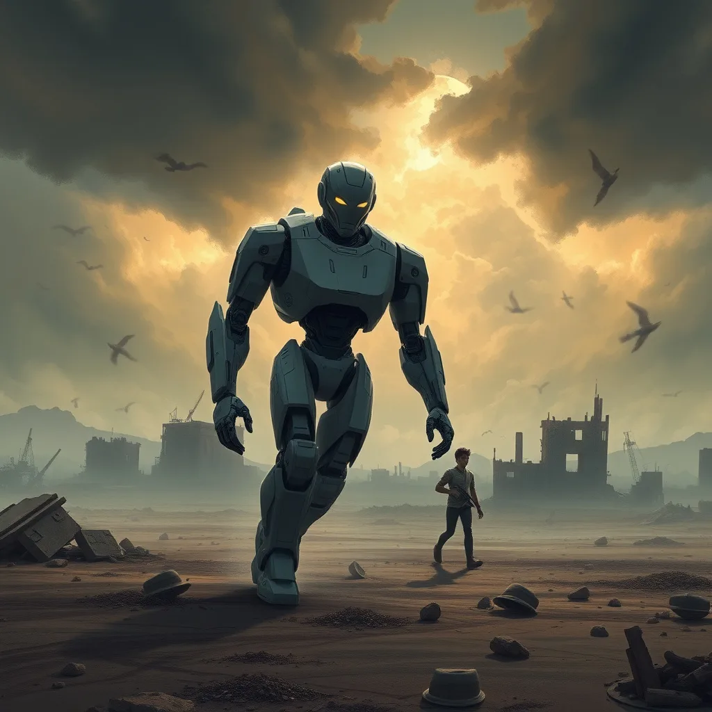 A determined robot in a post-apocalyptic world searching for its human friend, amidst ruins and chaos.