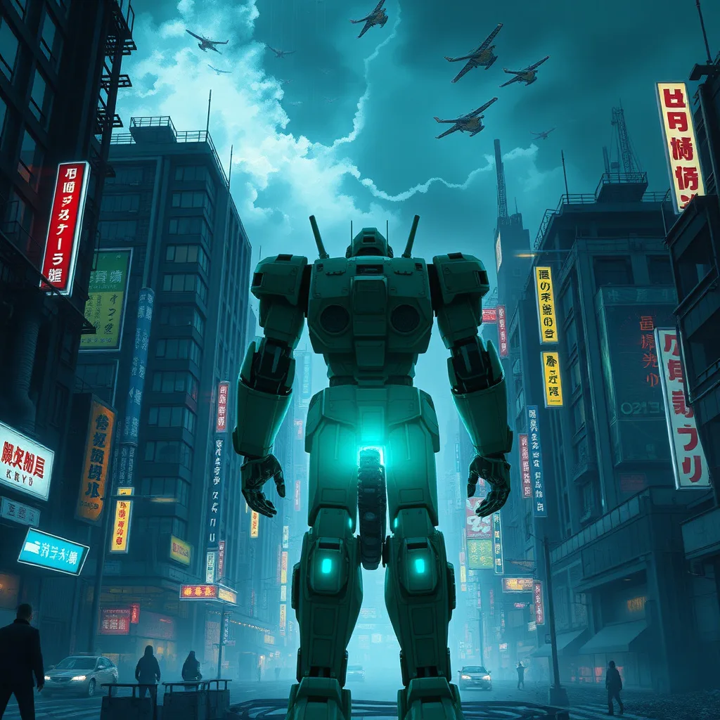 A futuristic cityscape with a heroic robot amidst chaos, showcasing bravery and technology under neon lights.