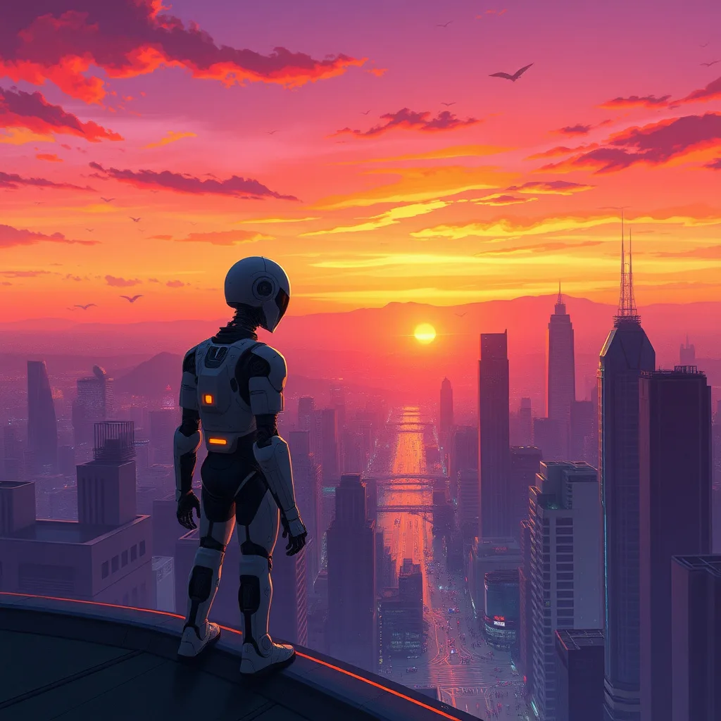 A robot on a rooftop at sunset, yearning for humanity amidst a bustling futuristic city.
