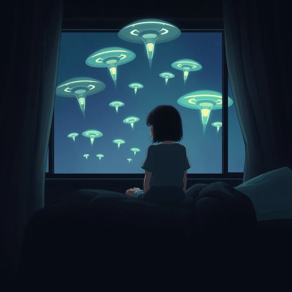 A chilling scene of a girl named Mila in a dark bedroom, gazing at eerie alien lights in the night sky.