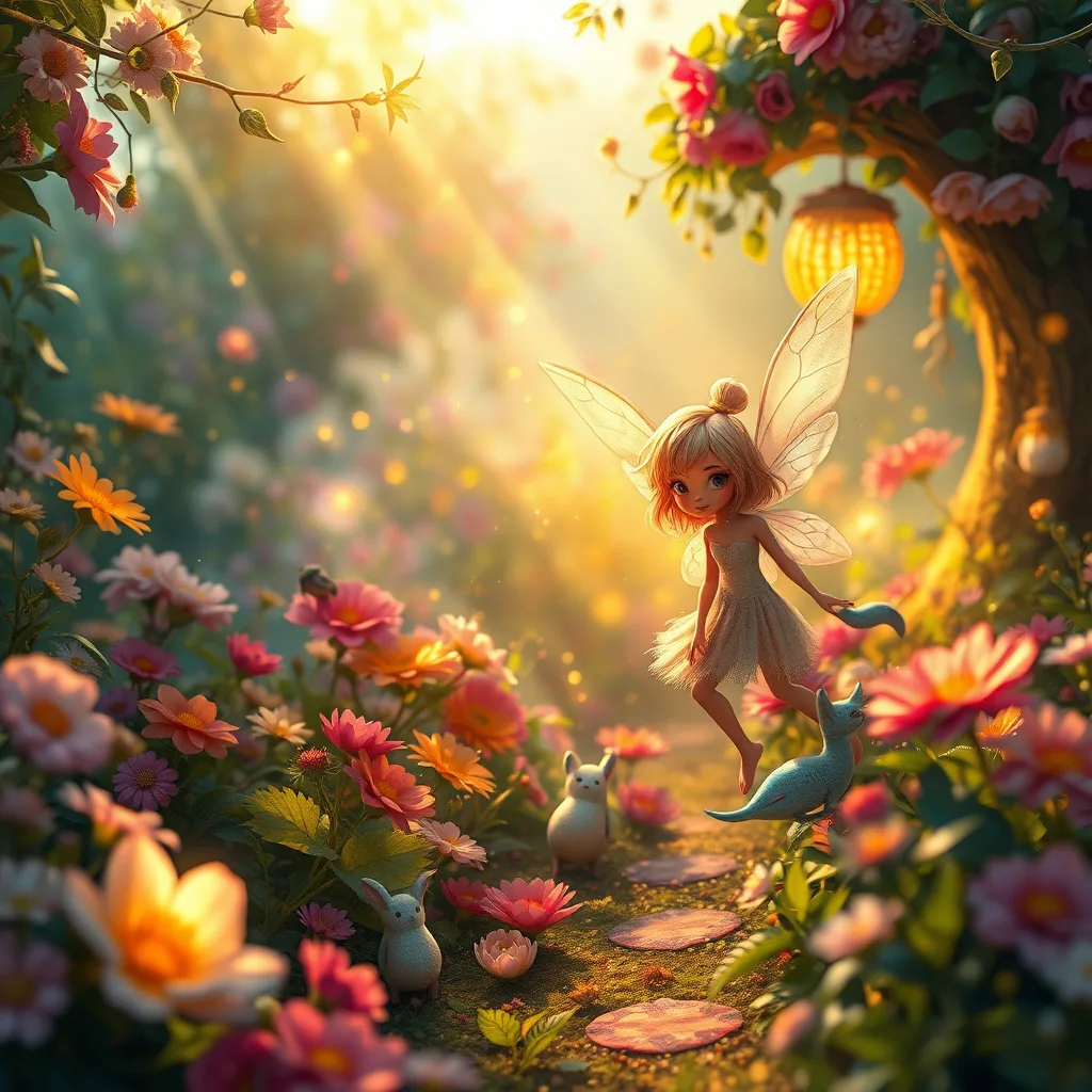 A shy fairy in a magical garden, surrounded by colorful flowers and soft sunlight, radiating a sense of wonder and tranquility.