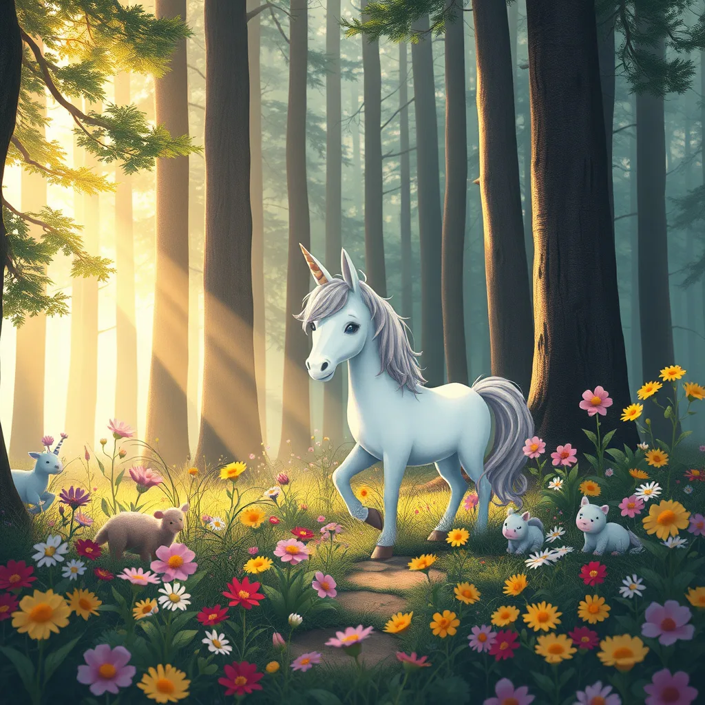 A shy unicorn in a vibrant forest, surrounded by flowers and new friends, capturing the warmth of courage and connection.