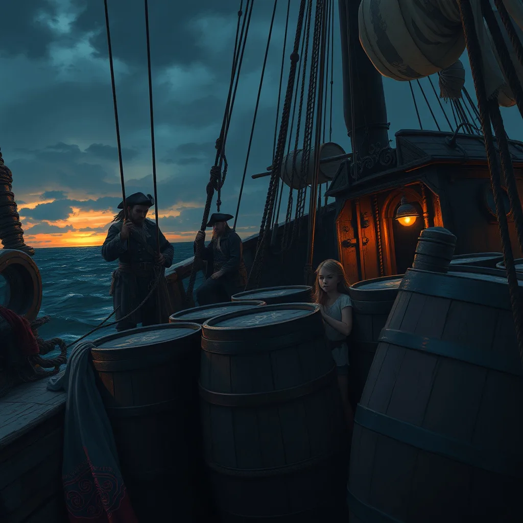 A stowaway girl hiding on a pirate ship, tension in the air, pirates conspiring nearby.