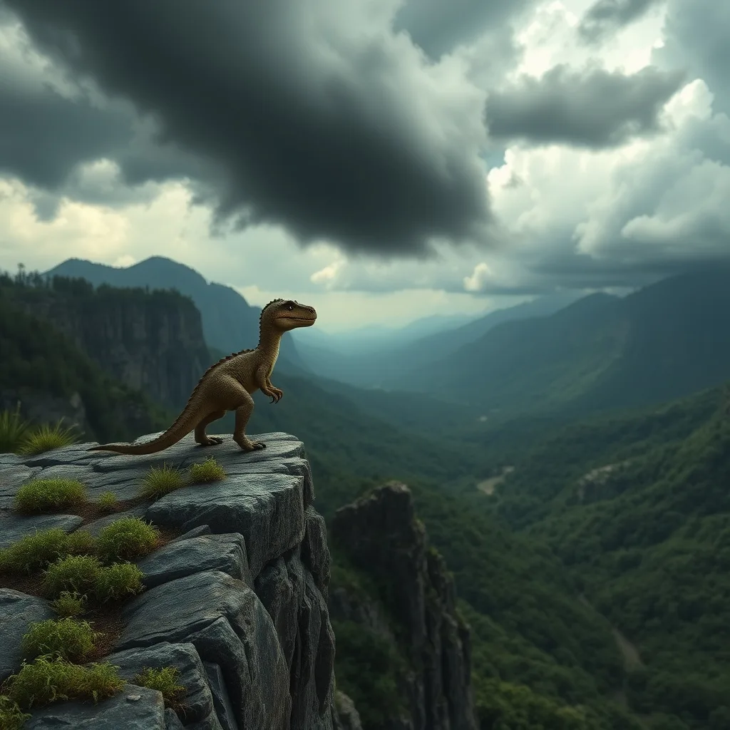 A tiny dinosaur gazes over a valley as a storm brews, showcasing bravery and urgency in a vibrant prehistoric world.