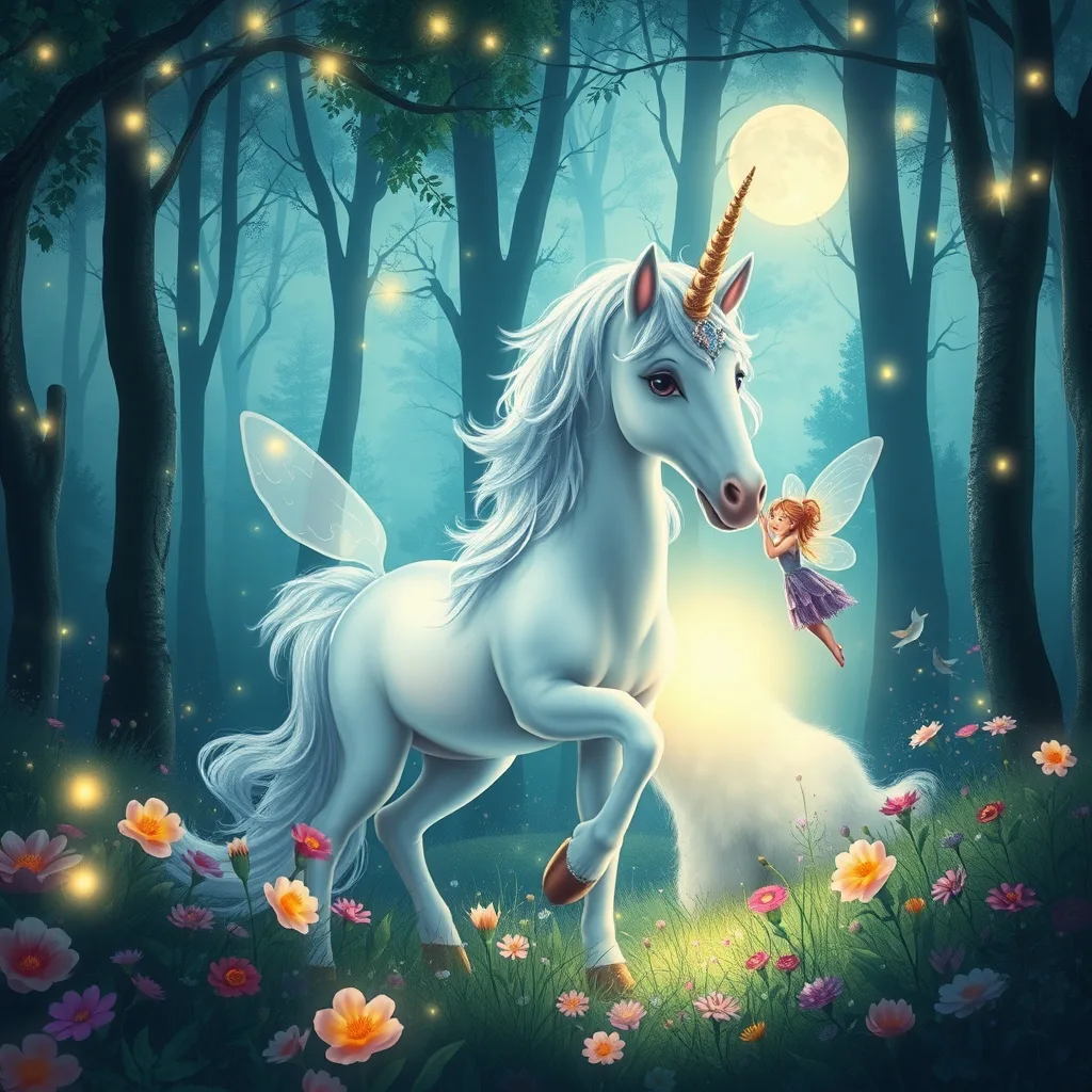 A radiant unicorn leads a lost fairy through a mystical forest filled with glowing fireflies and colorful blooms.