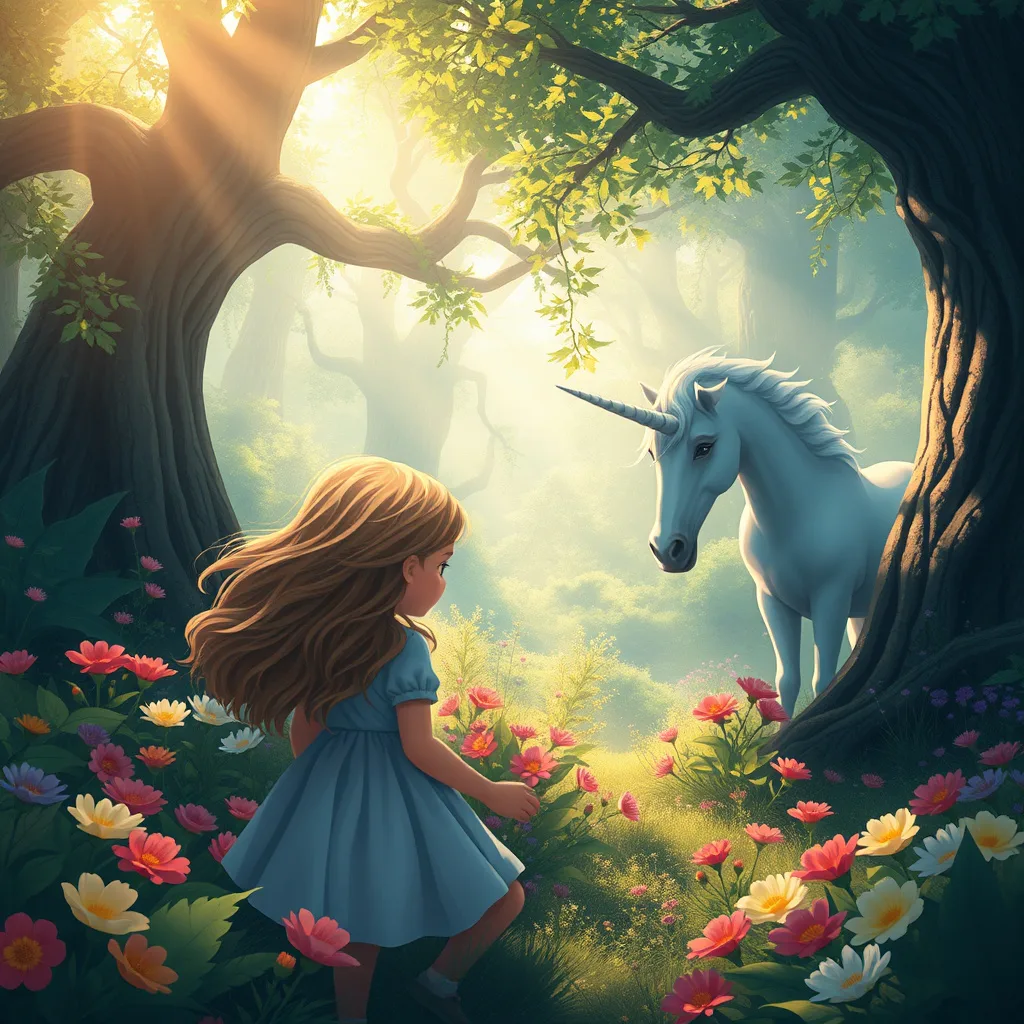 A magical scene of a young girl meeting a unicorn in a sunlit forest, full of wonder and beauty.