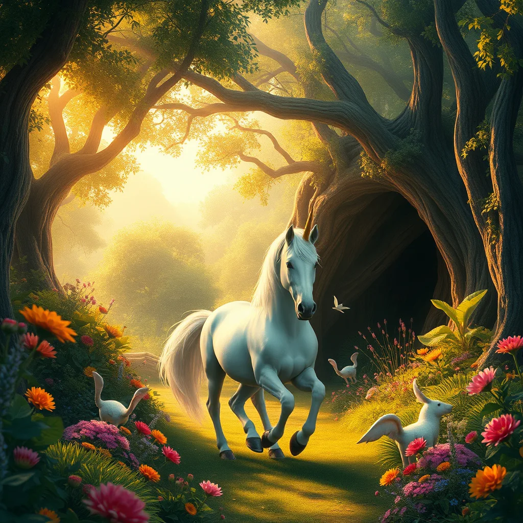 A unicorn stepping into a vibrant hidden land filled with magical creatures and enchanting flora.