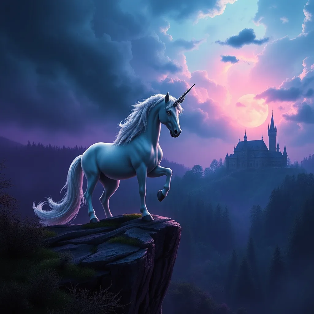 A majestic unicorn overlooking a dark forest, poised to confront evil; an enchanting, tense atmosphere.