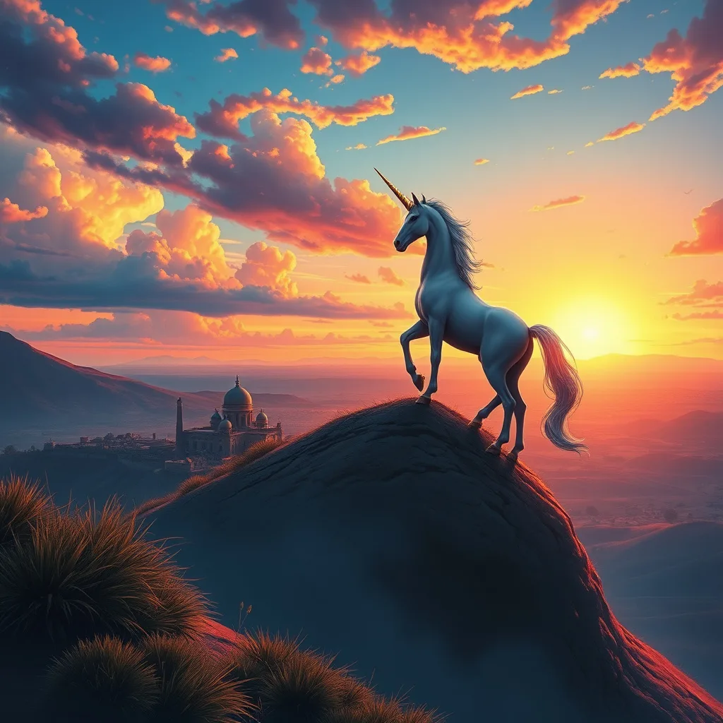 A majestic unicorn overlooking a parched village at sunset, conveying hope and magic.