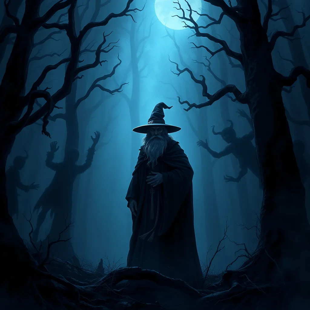 A tense scene of a wizard amidst swirling shadows, representing fears come to life, capturing the atmosphere of magic and dread.