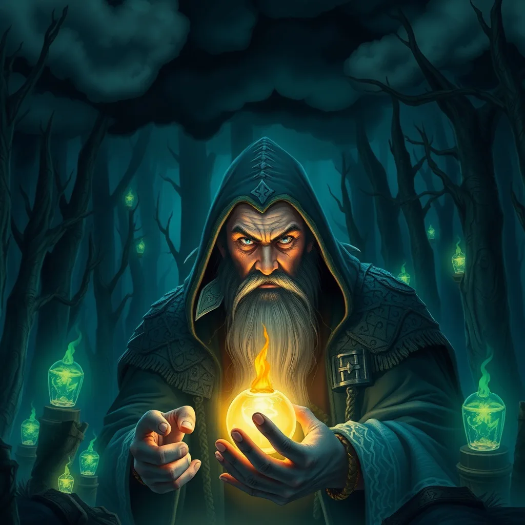 An ancient wizard stands protectively over glowing magical artifacts in a mystical forest, facing dark forces.