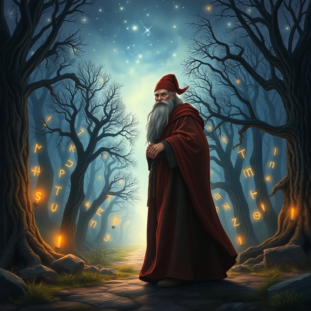 A wizard in a mystical forest at twilight, surrounded by ancient trees and glowing runes, depicting a magical atmosphere.