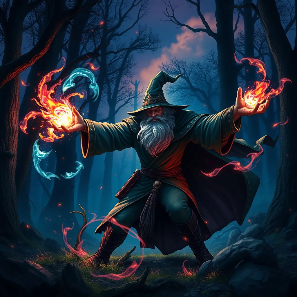 A dynamic scene of a wizard casting spells in a shadowy forest, showing bravery and magic amid dark forces.