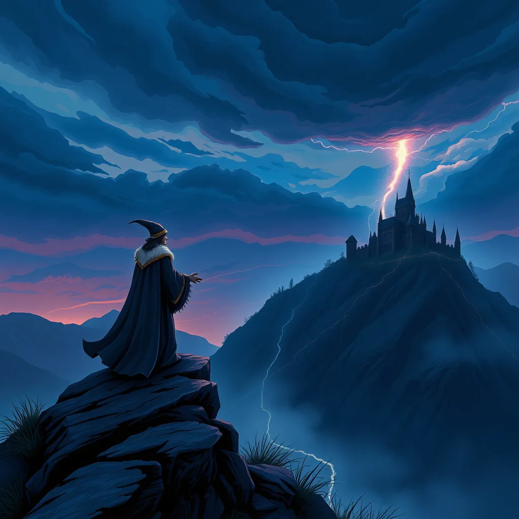 A dramatic scene of a wizard preparing to face a dark sorcerer, with a stormy sky and a distant fortress.