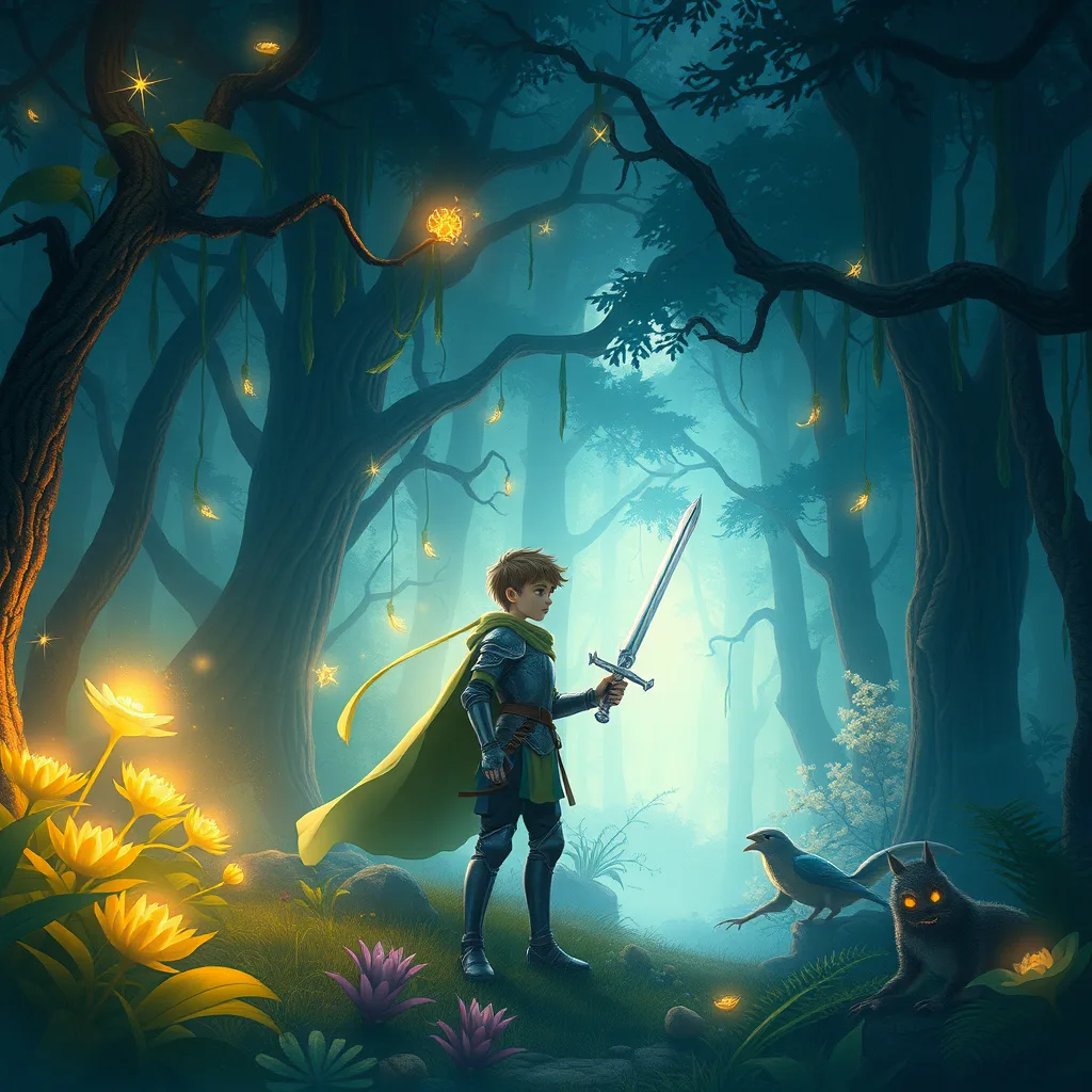 A young knight discovers magic in an enchanted forest, surrounded by glowing plants and mystical creatures.