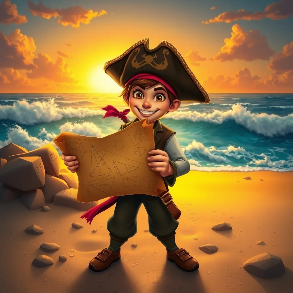 A young pirate on a beach, holding a glowing treasure map under a golden sunset, embodying adventure and magic.
